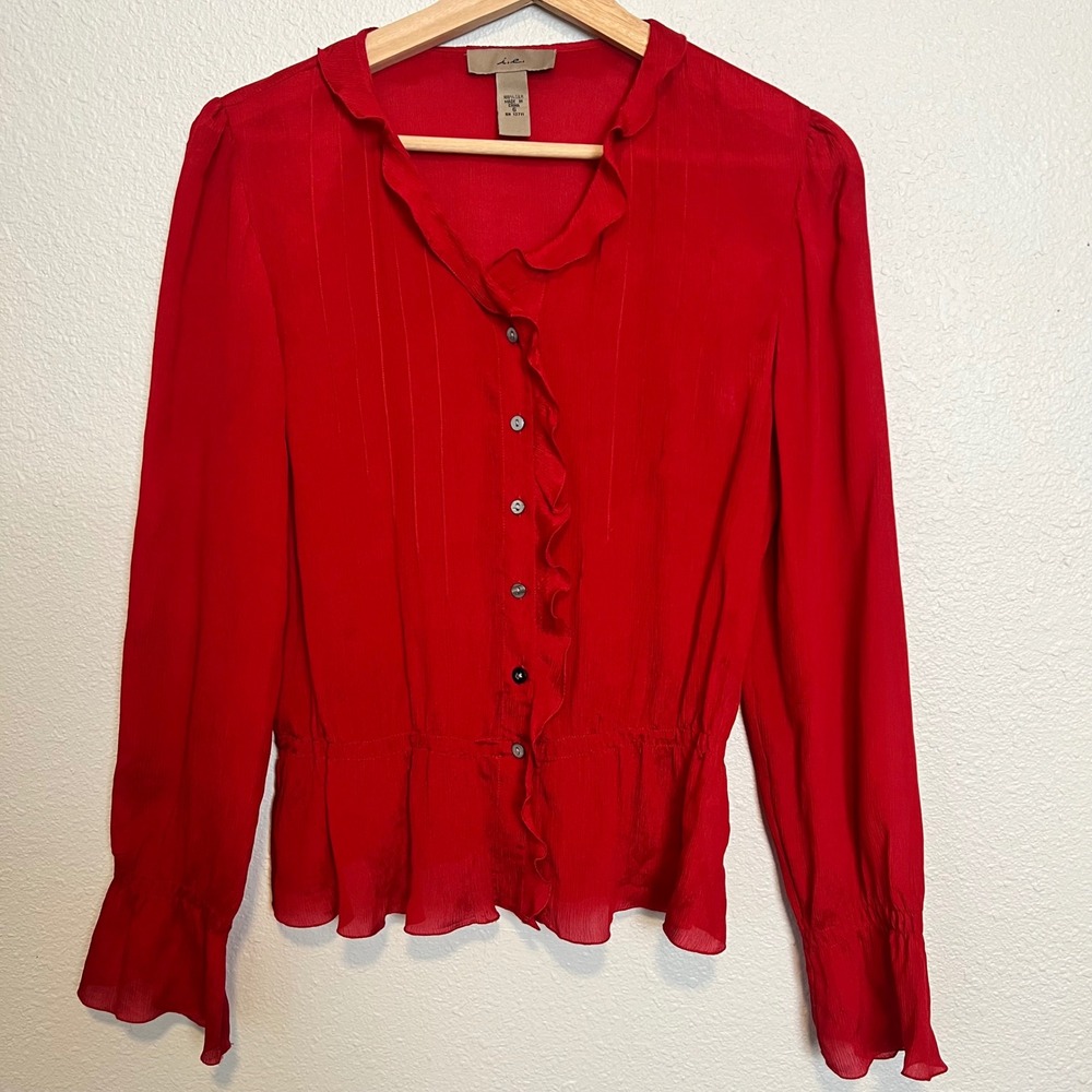 100% Silk Ruffle Front‎ Peplum Blouse By I e  Women Size 6 Long Sleeve